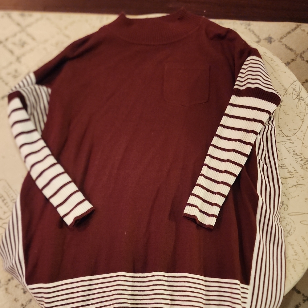 Maroon Sweater with Striped Sleeves